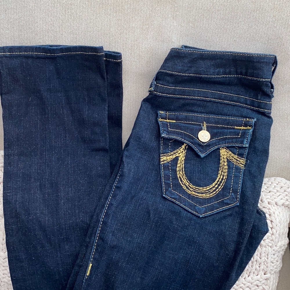 True Religion Dark Blue Regular Cut Hipster Jeans With Gold Embroidery